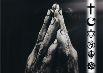Greyscale photo of hands clasped in prayer, with symbols of multiple religions on the right hand side.