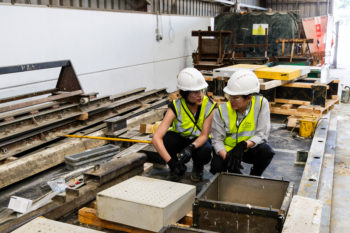 Image of two women in hard hats and PPE pointing at concrete slab