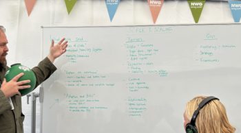 Image of a man speaking into a handheld microphone, and pointing towards a whiteboard with text at the Northumbrian Innovation Festival.