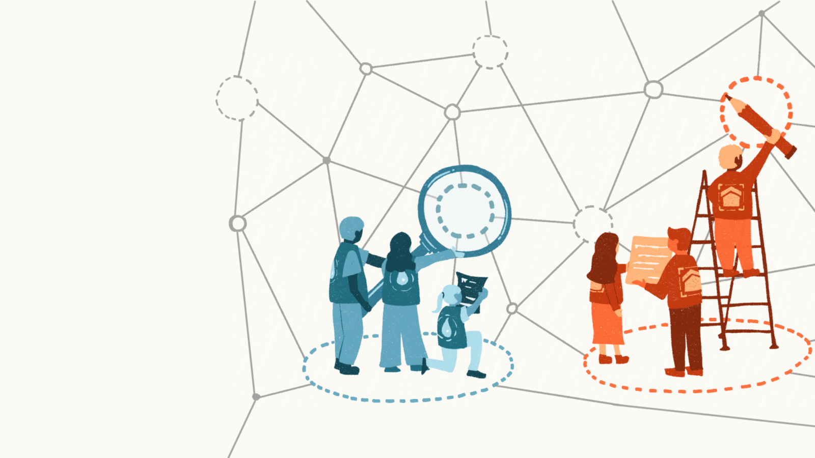 Illustration of two groups of people against a backdrop of a bigger puzzle piece. The group of three people in teal blue are holding a giant magnifying glass. The group of three people on the right-hand-side are holding a giant pencil on a ladder, as well as reviewing a document.